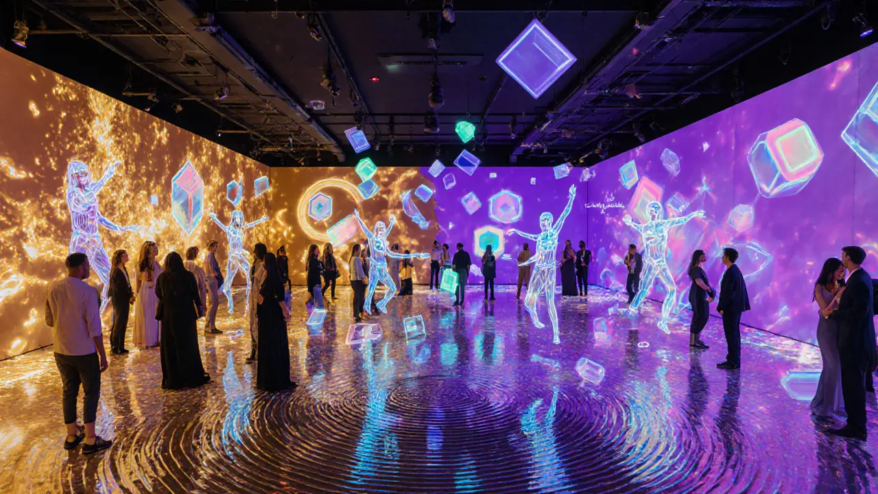 Immersive Neon Mirage venue with holographic dancers and color-shifting walls, visitors surrounded by digital light projections.