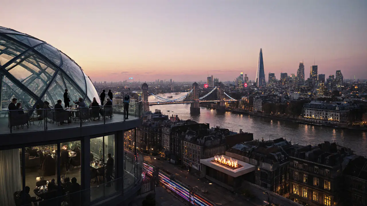 London skyline at dawn with rooftop bars lit against soft sunrise, bridges and towers in distance.