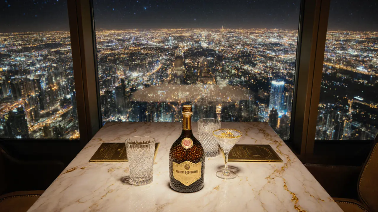 Luxury VIP booth on the 122nd floor of Burj Khalifa overlooking Dubai’s illuminated cityscape.