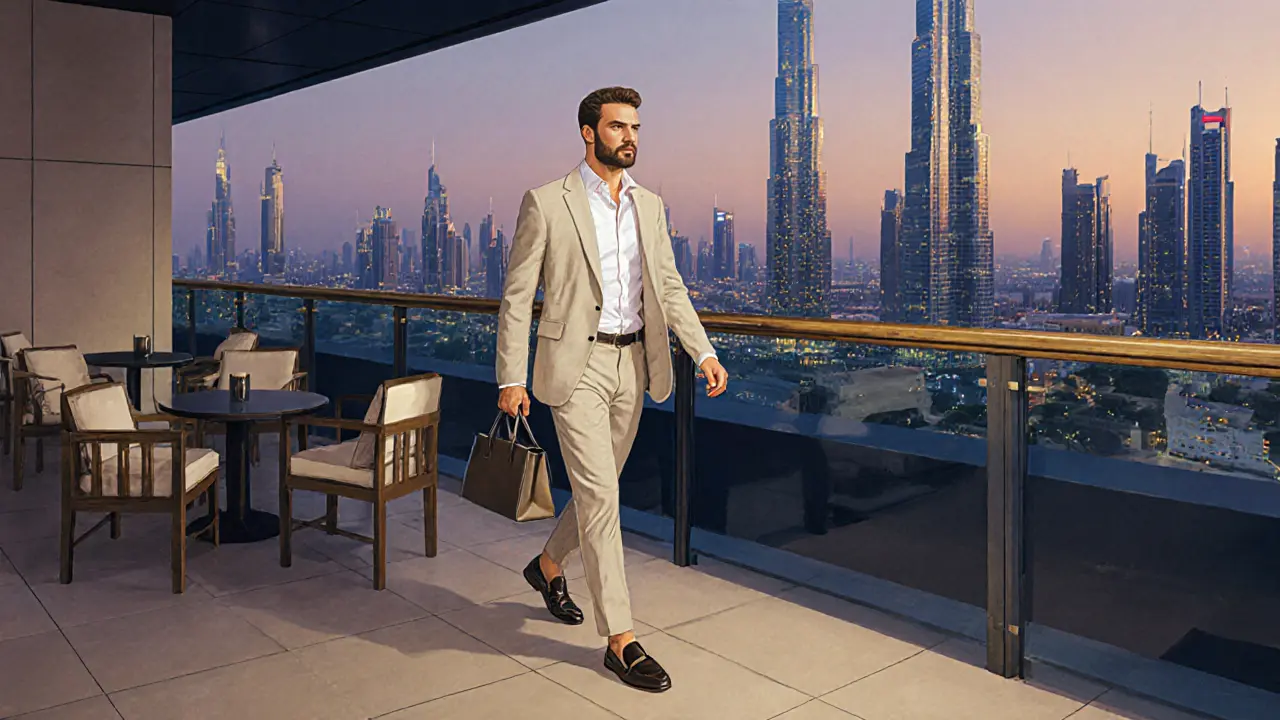 Man in tailored chinos and linen blazer entering a rooftop lounge with city lights behind him.