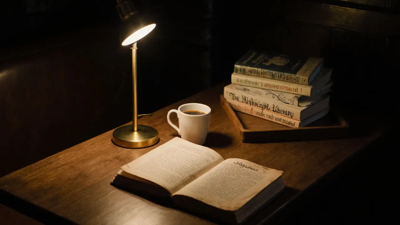 Midnight café corner with an open copy of Ulysses and a book swap tray.