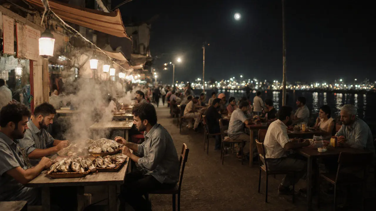 Nighttime seafood market with tables, grilled fish, and string lights.