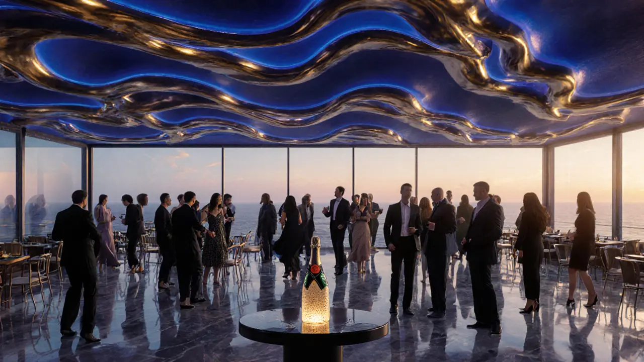 Opaline nightclub at sunrise with a glowing LED ceiling and elegantly dressed guests dancing silently under soft light.