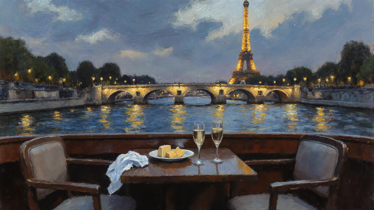 Private boat on the Seine at dusk with champagne and cheese, Eiffel Tower sparkling in distance.