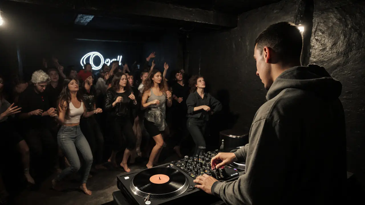 Raw underground party at Opal nightclub with vinyl DJ and dancing crowd in a black-walled basement.
