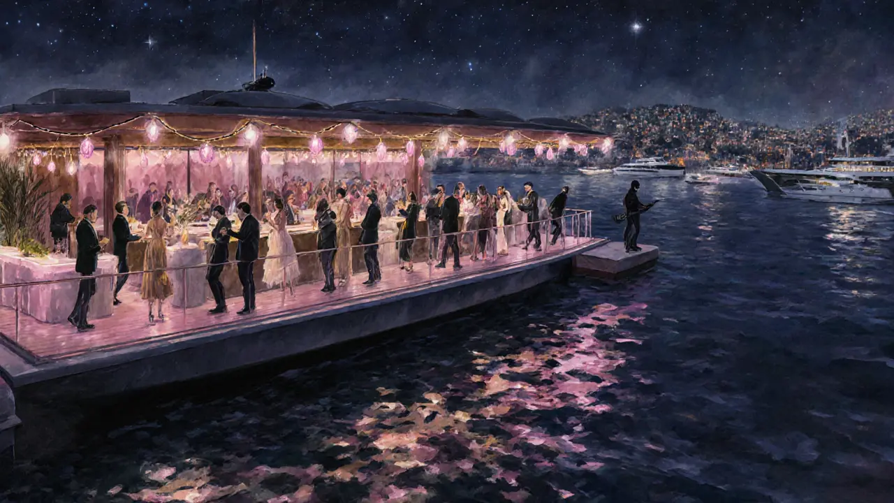 Reina nightclub on the Bosphorus with guests dancing under stars and city lights reflecting on water.