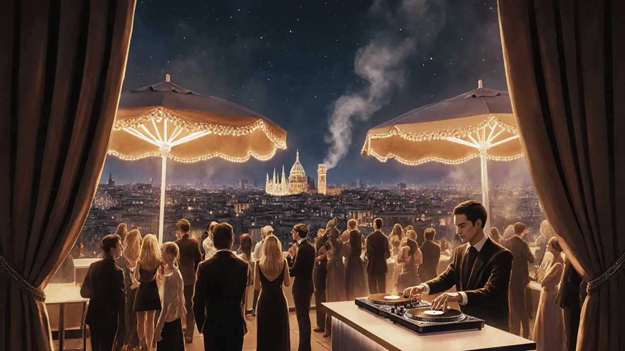 Rooftop bar at Corso Como 10 with city skyline view and stylish crowd mingling at midnight.