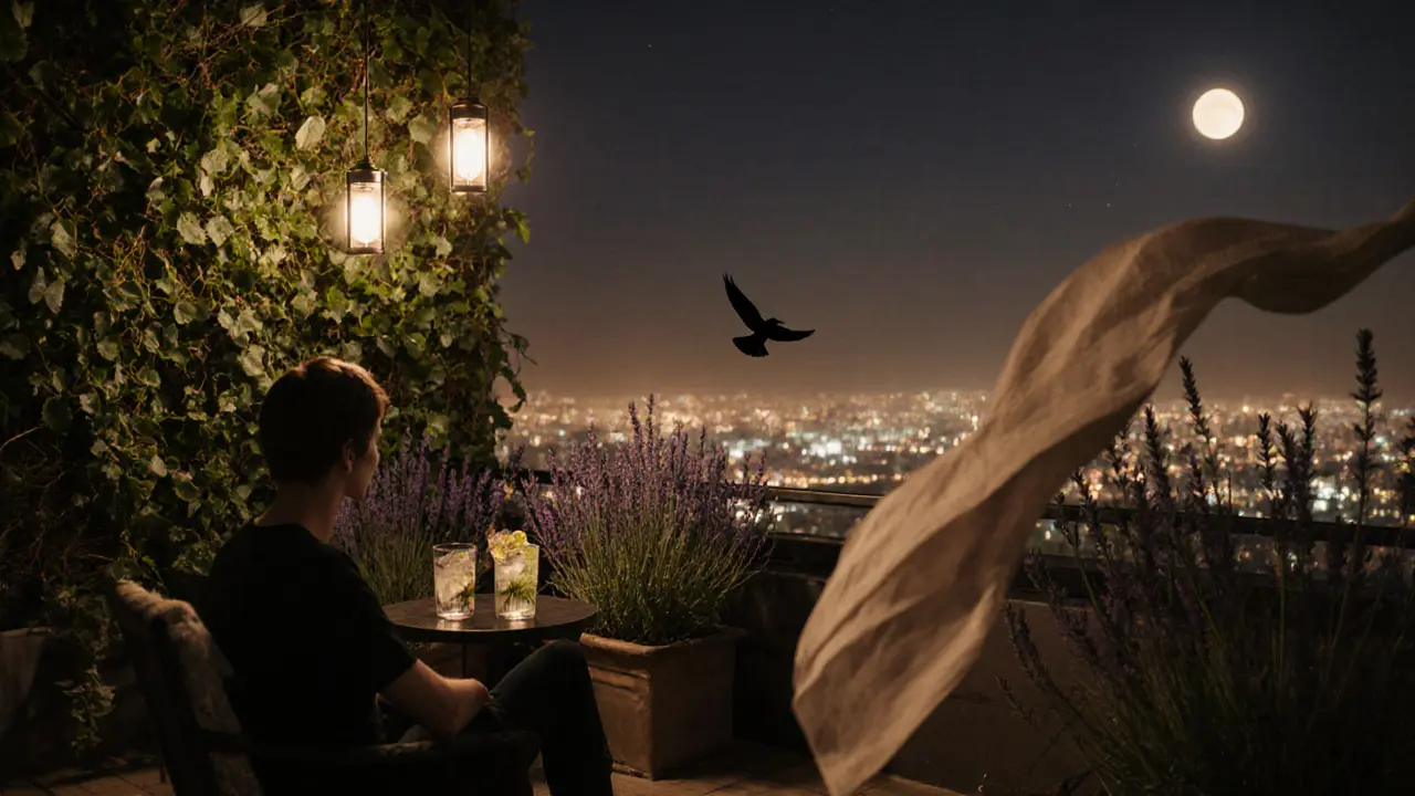 Rooftop garden with lavender and lanterns, city lights glowing softly in the distance, person enjoying a drink under the moon.