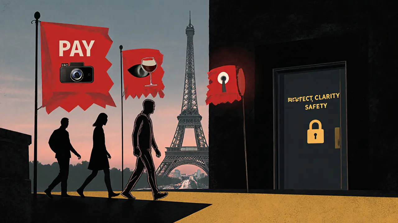 Silhouette walking away from danger symbols toward a path marked &#039;Respect, Clarity, Safety&#039; under Paris dusk.