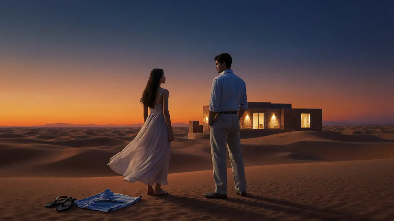 Silhouettes of a couple at desert sunset, leaving revealing clothes behind, heading toward a private villa.