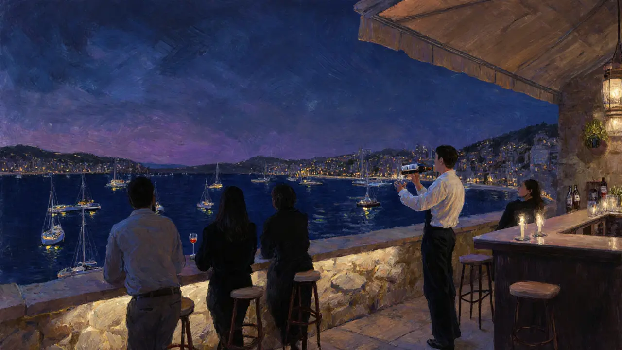 Silhouettes on a rooftop ledge overlooking yachts at night, candlelight casting soft glows.