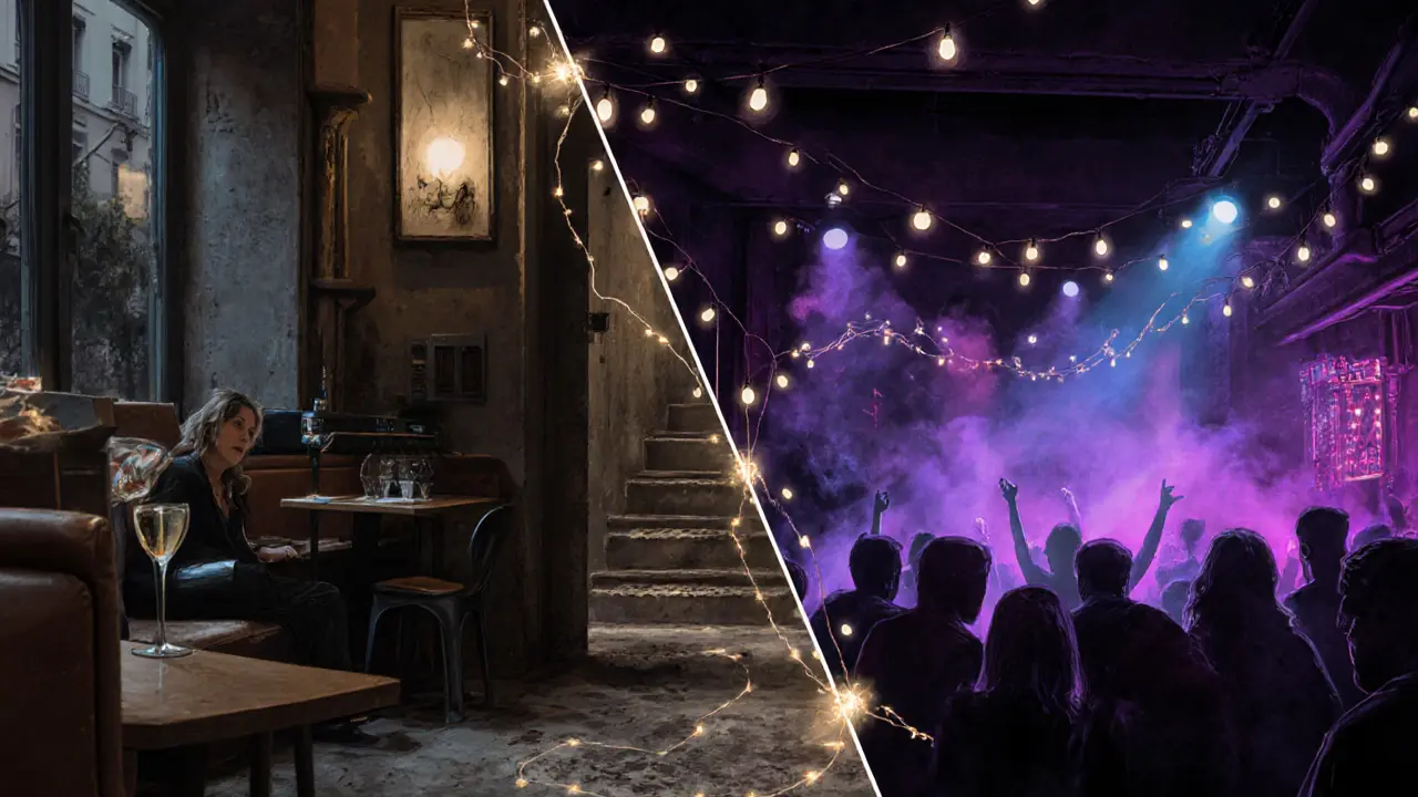 Split scene: quiet café by day transforms into underground techno club by night.