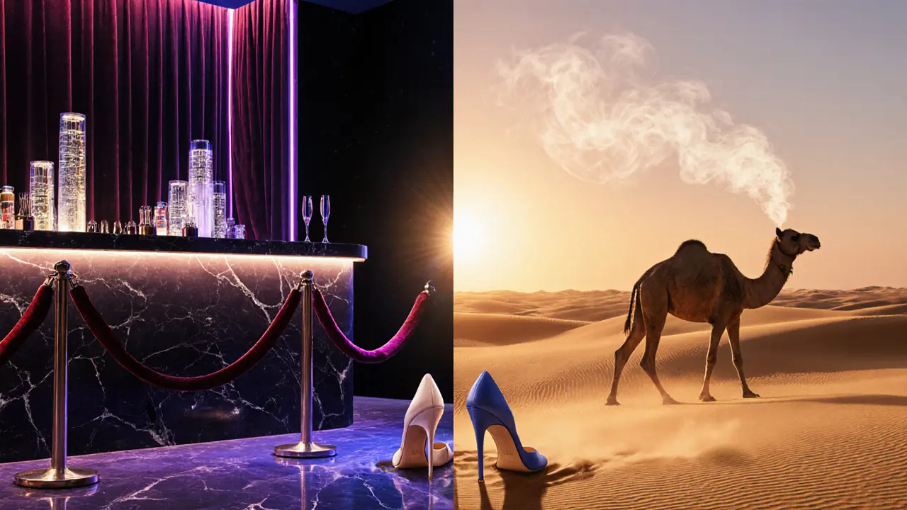 Transition from upscale nightclub to desert dawn, with heels stepping from marble into sand.