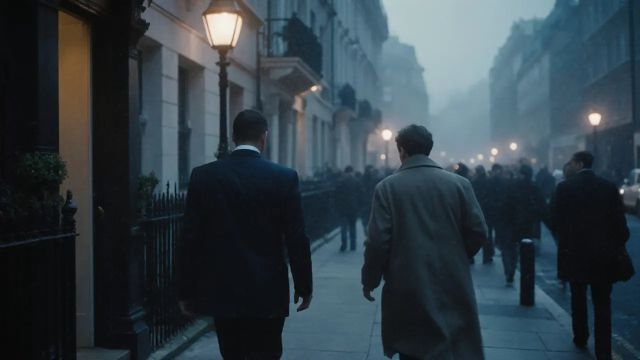 Two individuals parting ways on a misty London street, conveying quiet dignity and mutual respect.