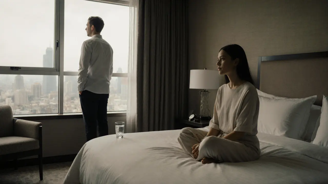 Two people in a quiet hotel room, maintaining respectful distance and calm atmosphere.