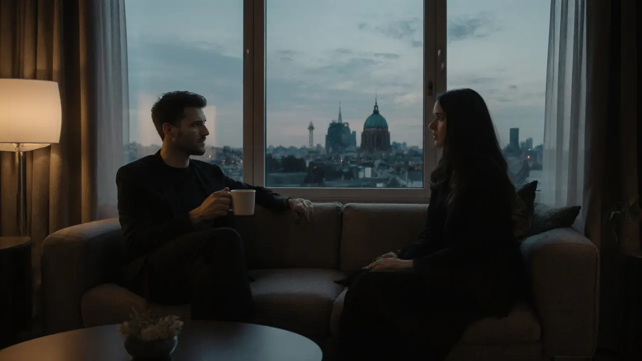 Two people sitting calmly in a Berlin hotel lounge at dusk, no physical contact, skyline visible through windows.