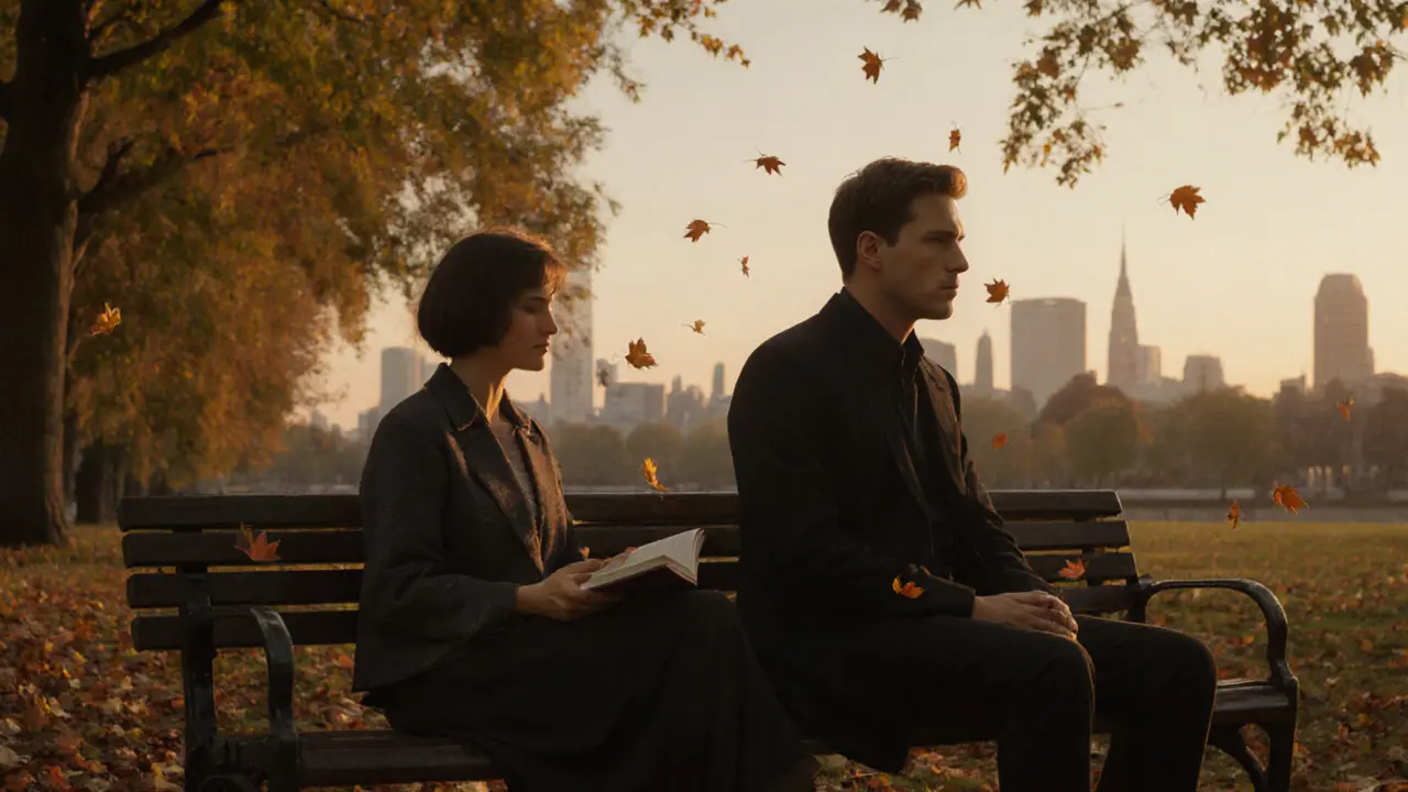 Two people sitting in silent companionship on a park bench in autumn, golden light filtering through trees.