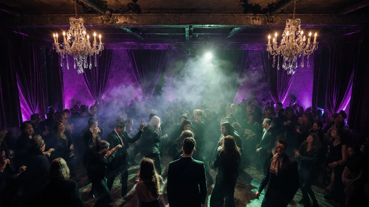 Underground club in a historic theater with flickering lights and dancing crowd at midnight.
