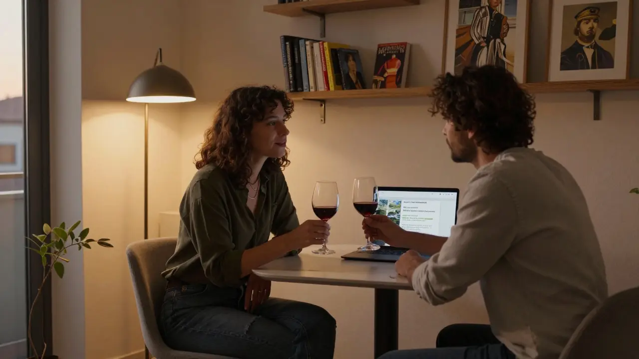 A client and companion sharing quiet conversation over wine in a Brera apartment at sunset.
