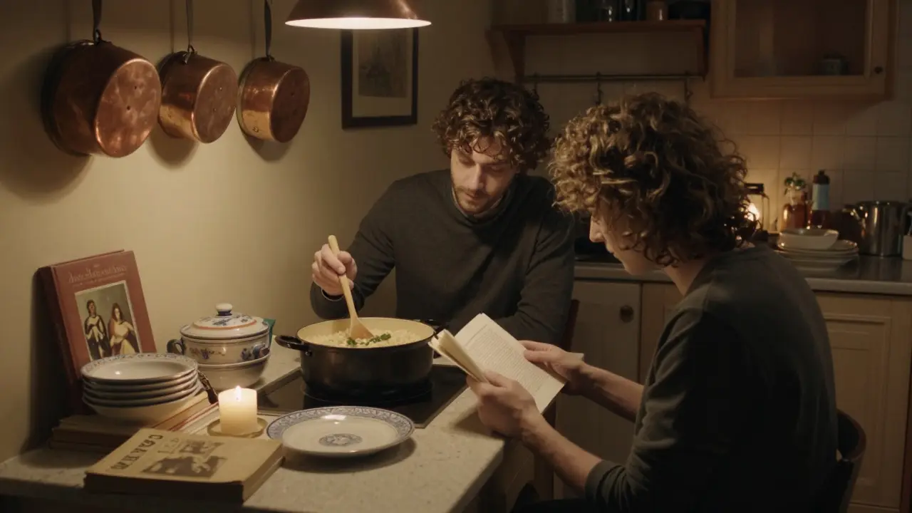 A couple cooking together in a historic Milanese apartment, candlelight glowing on a kitchen table with books and food.