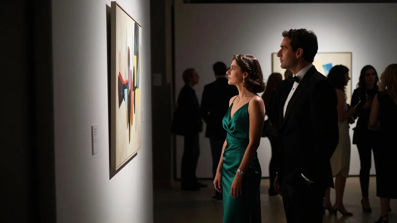 A couple silently observing art at a private gallery opening in Brera, surrounded by blurred guests.