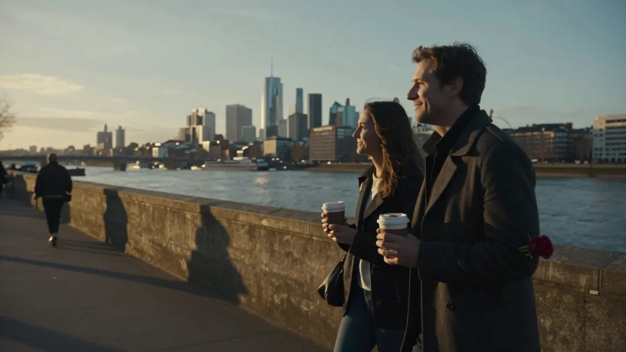 A couple walking along the Thames at sunset, holding hot chocolate, a rose in a coat pocket.