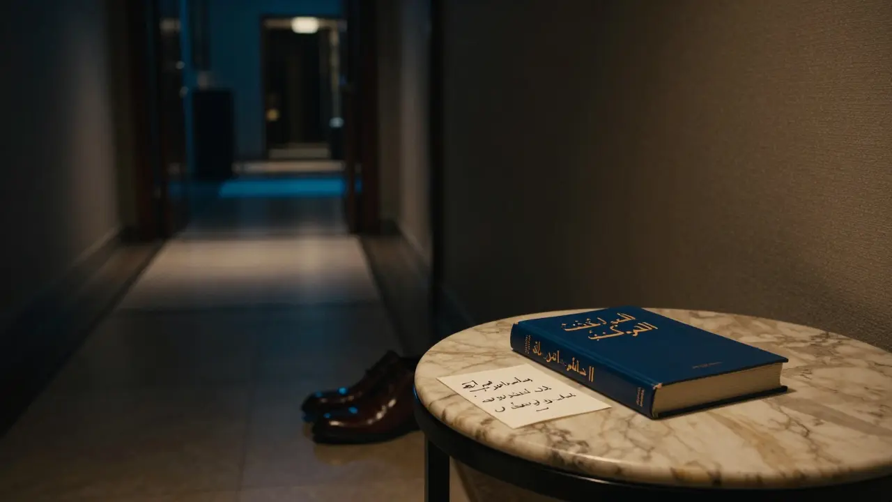 A handwritten note and a book left on a hotel table in Dubai, symbolizing a respectful farewell.