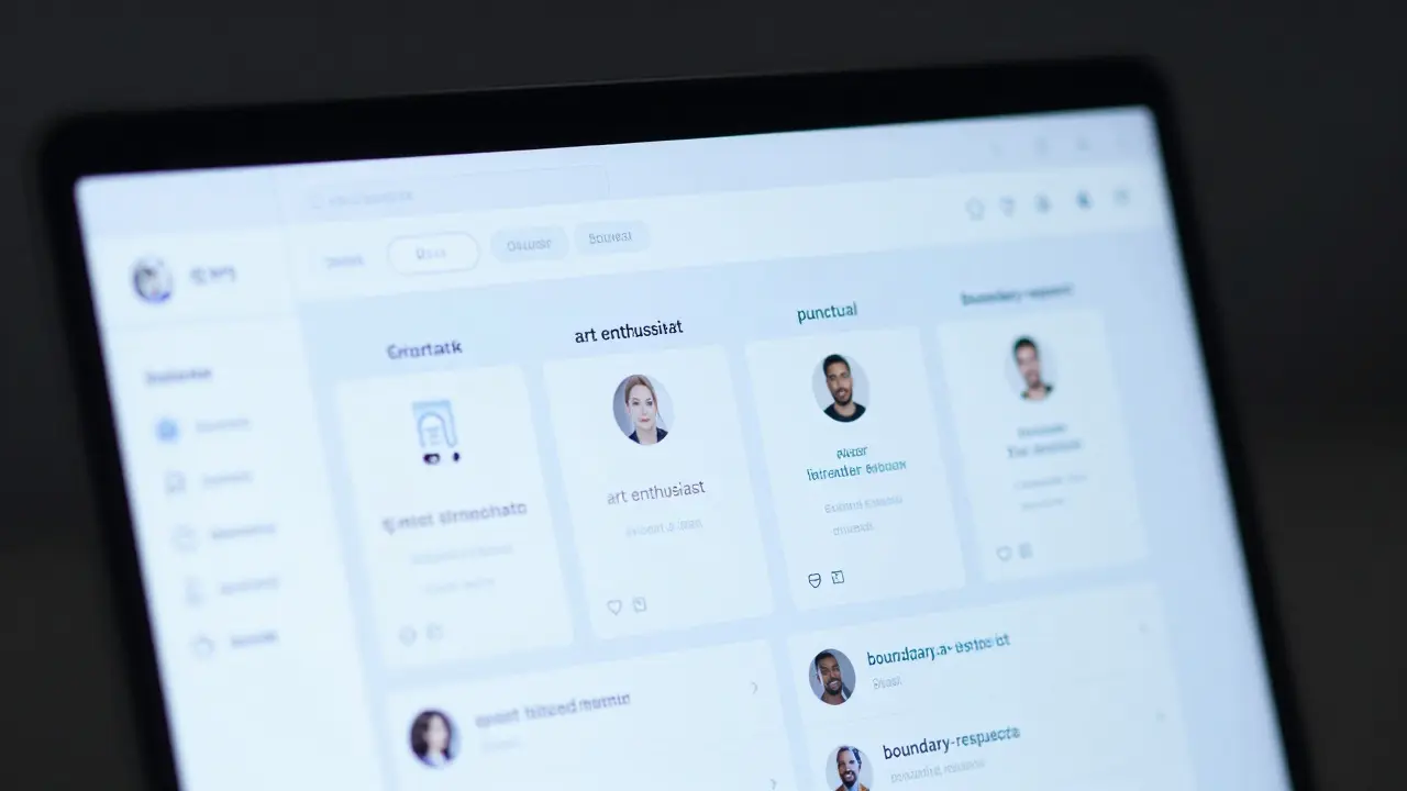 A laptop screen displaying filtered escort profiles with personality tags like &#039;quiet listener&#039; and &#039;boundary-respecting&#039;.