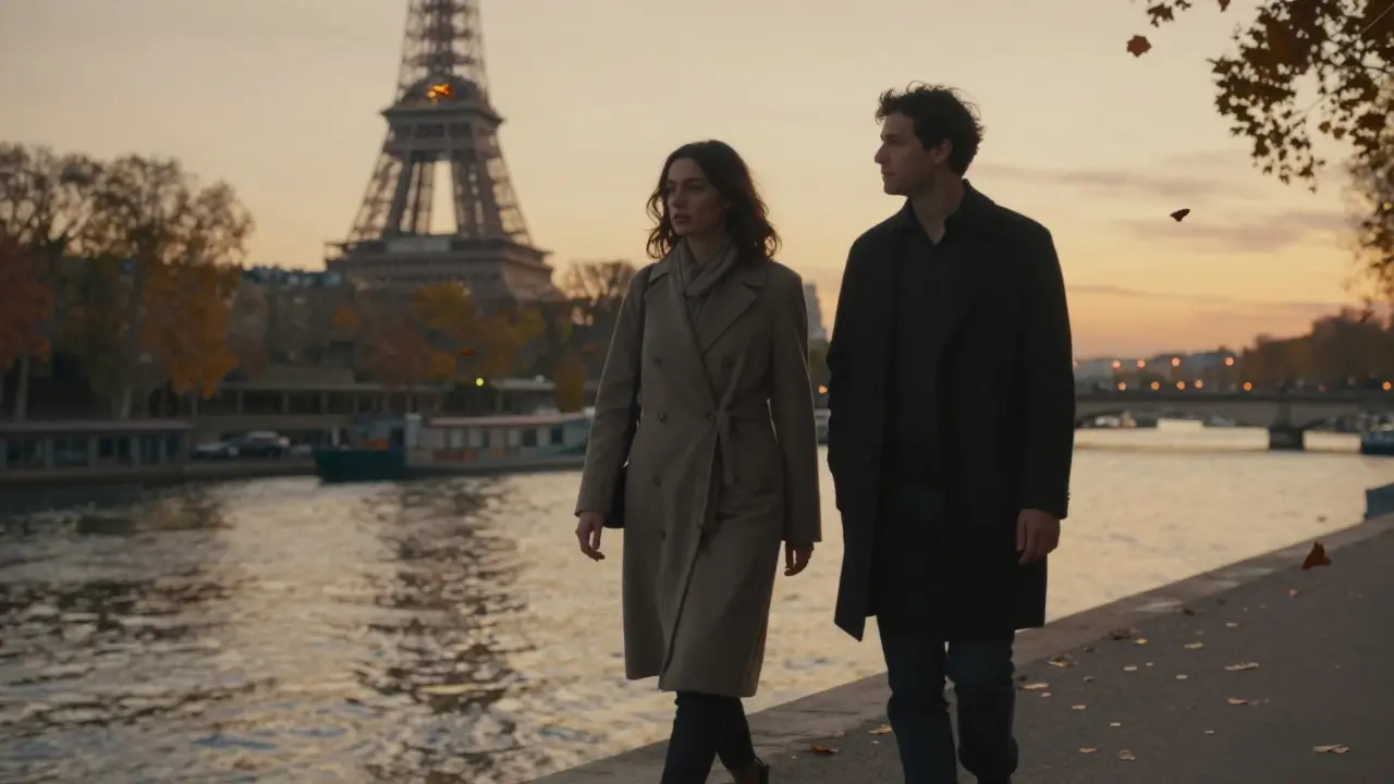 A man and woman walking peacefully along the Seine at sunset, the Eiffel Tower glowing softly behind them.