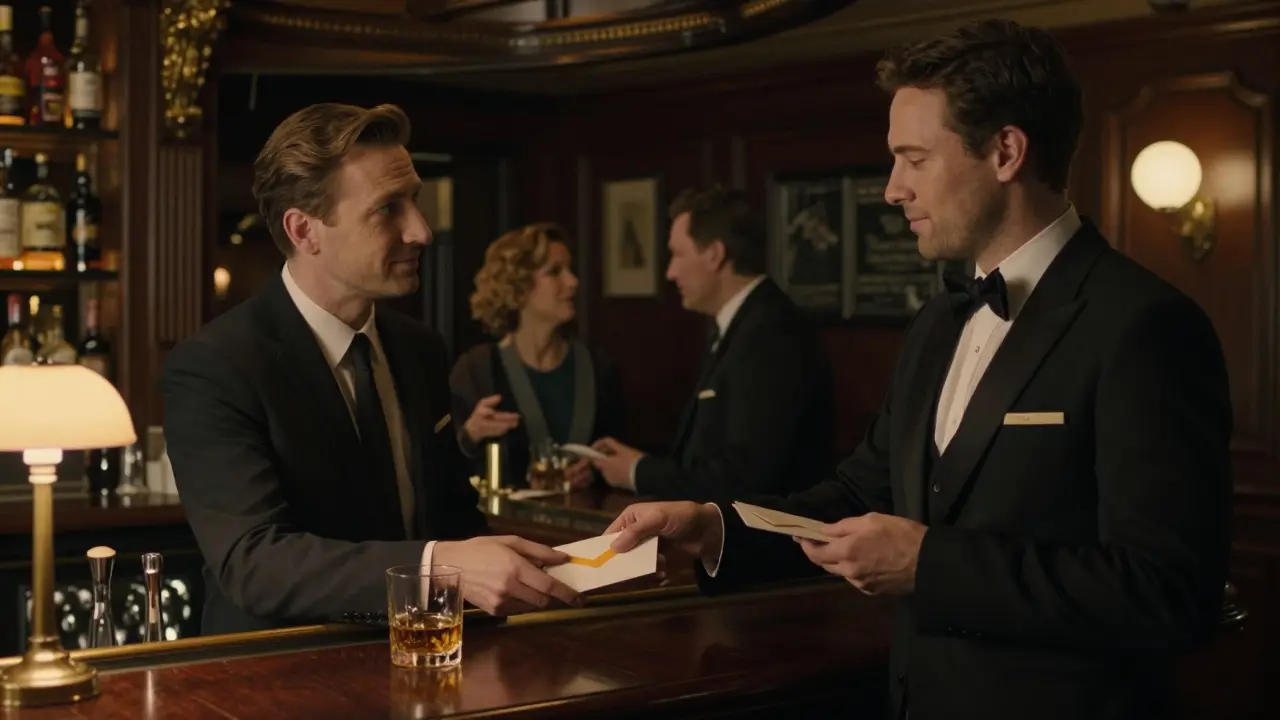 A man quietly leaving a tip on a bar counter as an escort nods in quiet gratitude.