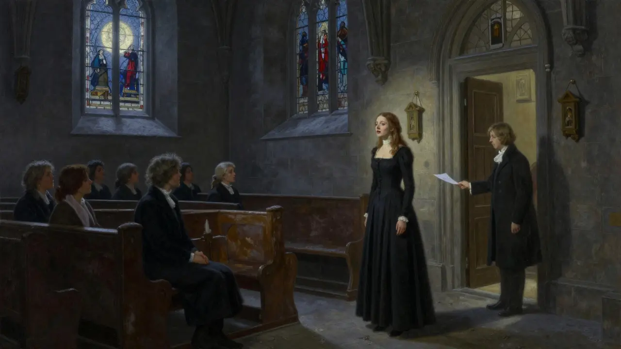 A midnight opera in a church crypt with a singer under a single spotlight and silent attendees.