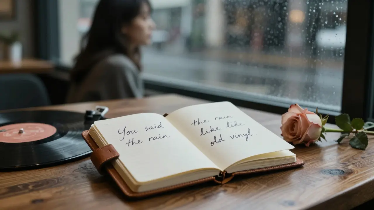 A notebook with a poetic note and a rose beside a vinyl record in a cozy café.