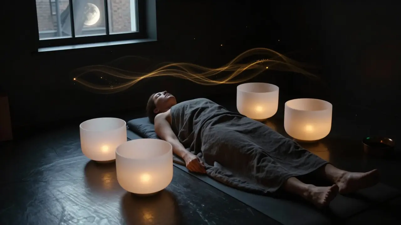 A person lying peacefully in complete darkness during a sound bath, surrounded by glowing crystal bowls.