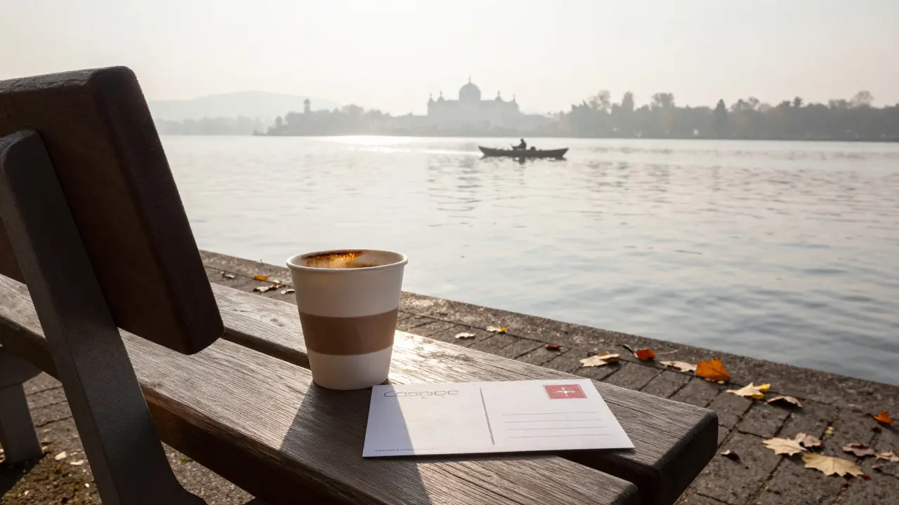 A postcard and coffee cup on a bench by Wannsee lake, peaceful morning light and distant palace silhouette.