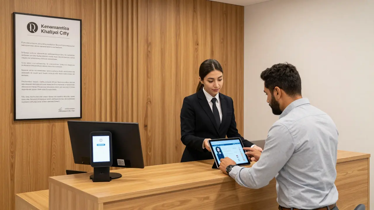 A professional escort agency office with a client reviewing profiles on a tablet.