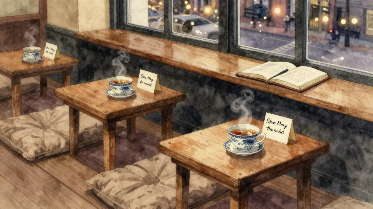 A quiet midnight teahouse with steaming herbal tea and an open journal beside a handwritten card.