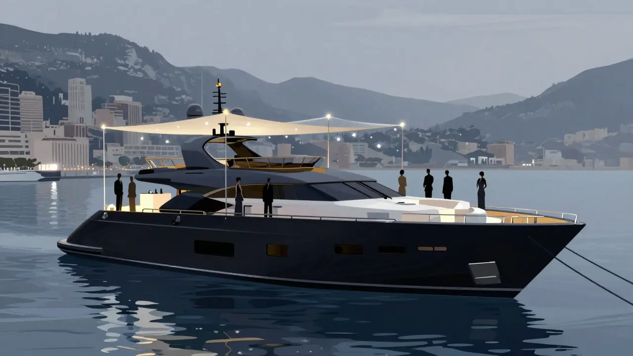 A quiet yacht party under stars, guests in formal wear on a sleek black yacht reflecting in calm water.