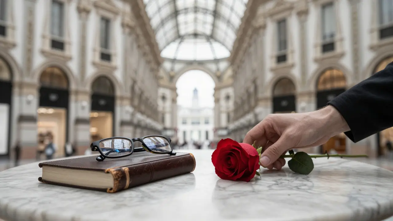 A rose and open journal rest on a marble table near a historic Milan arcade, evoking quiet connection and reflection.