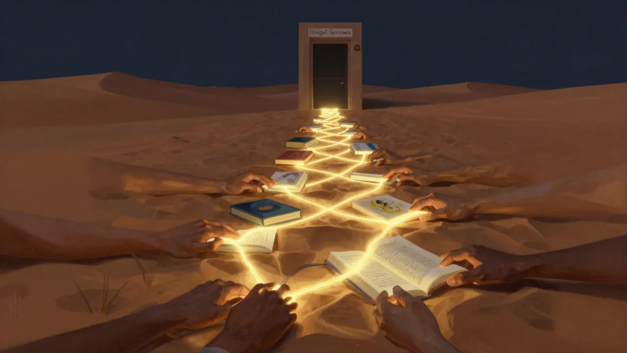 A symbolic path of positive activities leads away from a dark doorway representing illegal services.