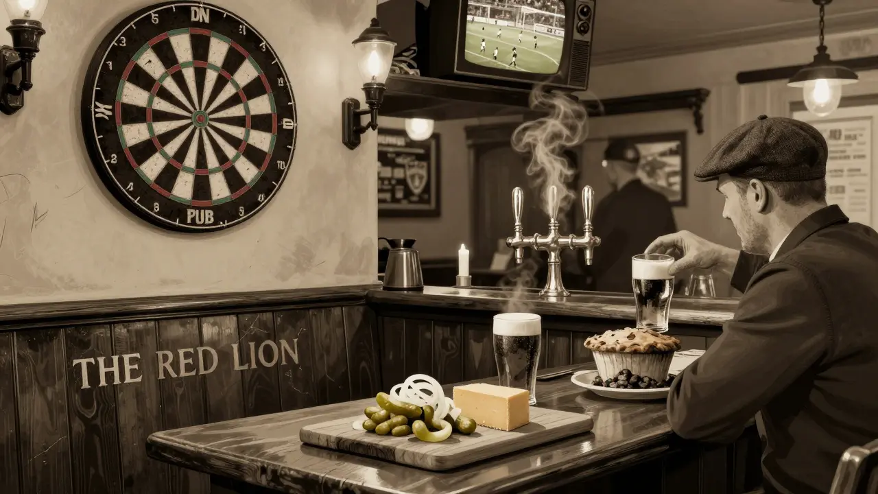 A traditional British pub with dartboard, wooden booths, and a ploughman’s lunch under soft candlelight.
