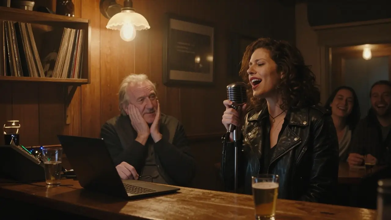 A woman singing under a spotlight in a smoky, intimate bar with wooden walls and vintage decor.
