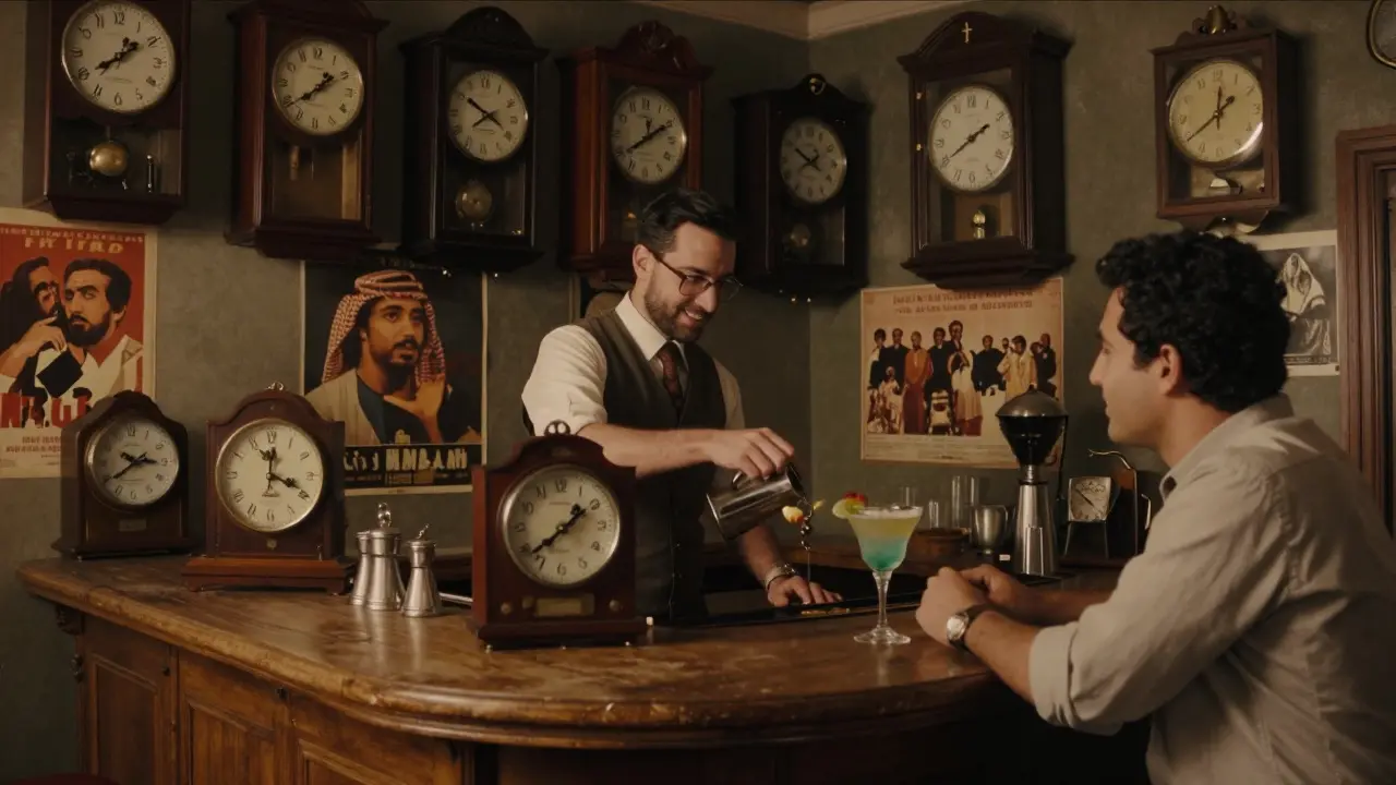 An intimate bar filled with antique clocks from around the world, each set to a different time, under soft vintage lighting.