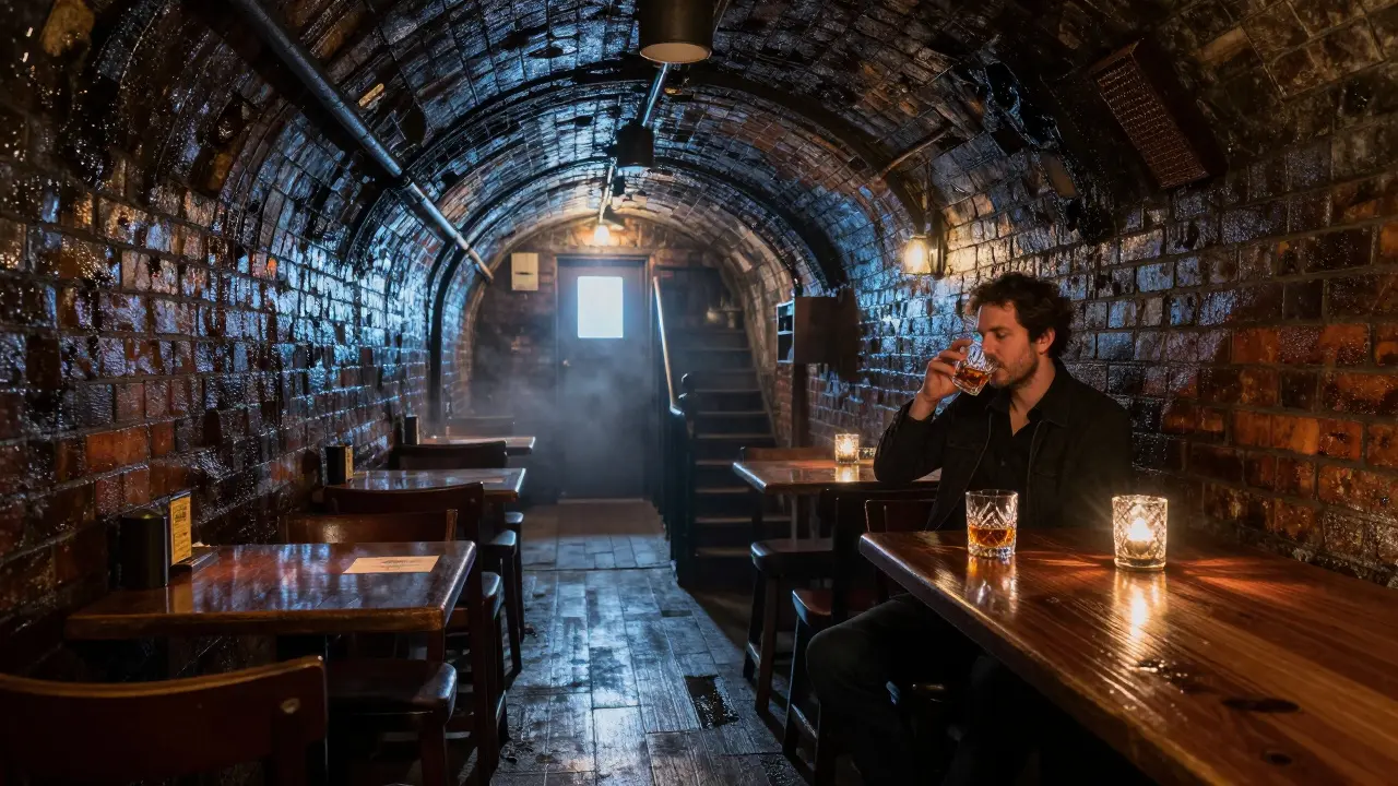 An underground bar in a damp Victorian tunnel with dim lighting and vintage glassware.