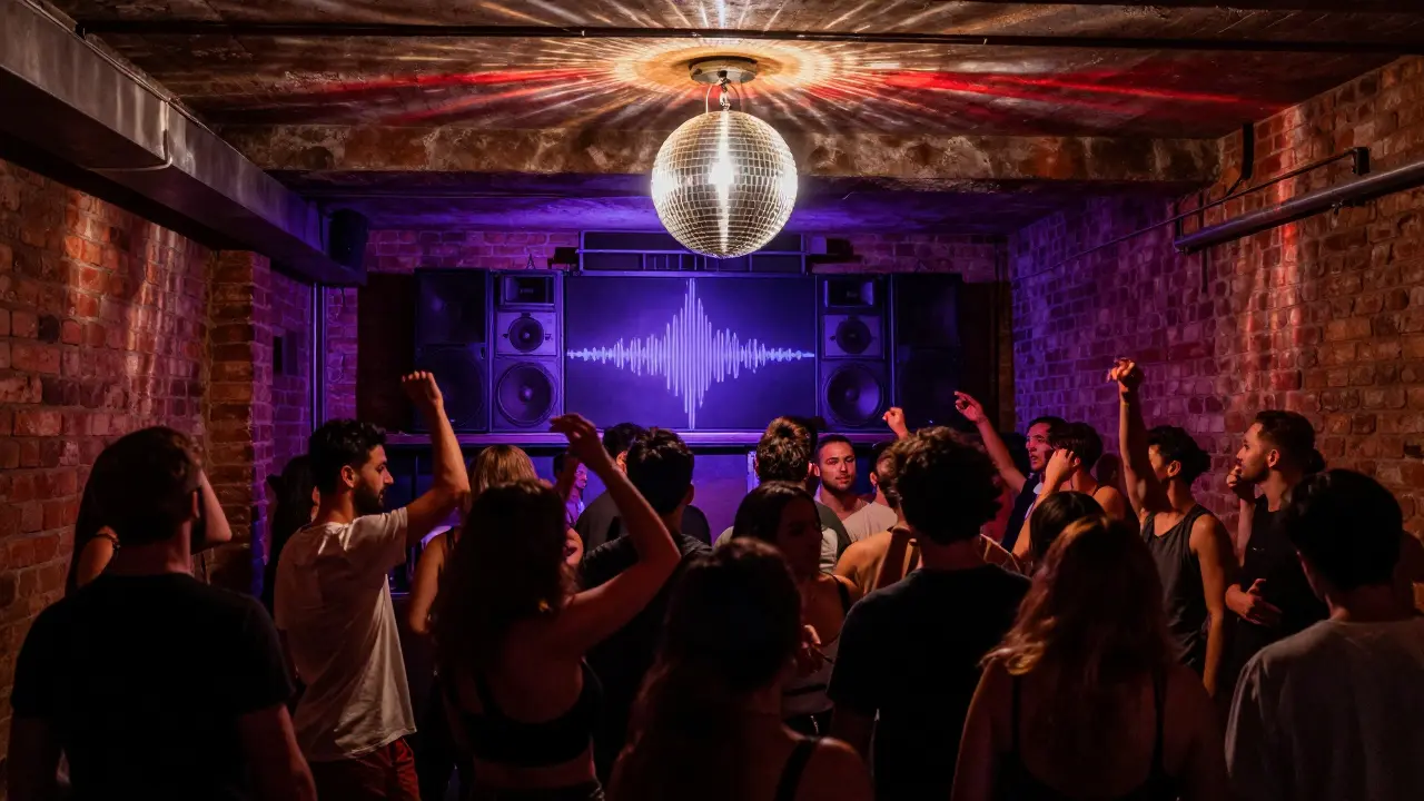 An underground club in Porta Venezia with a crowded dance floor bathed in dim, colorful light.
