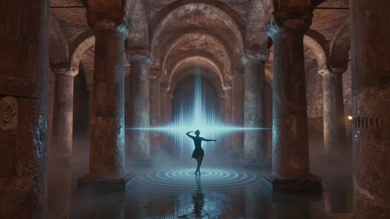 Ancient Byzantine cistern transformed into a moody nightclub with ambient light and dancers.