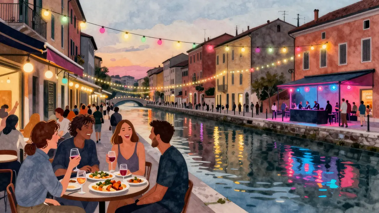 Canal-side bars in Navigli lit by string lights, with people enjoying drinks and snacks outdoors at night.