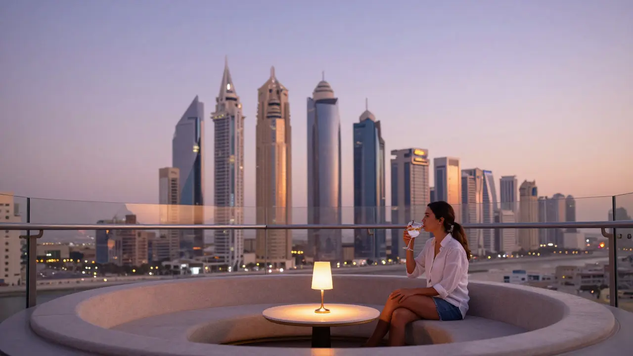 Circular rooftop terrace suspended above Abu Dhabi’s skyline at golden hour, lone guest sipping a craft drink.