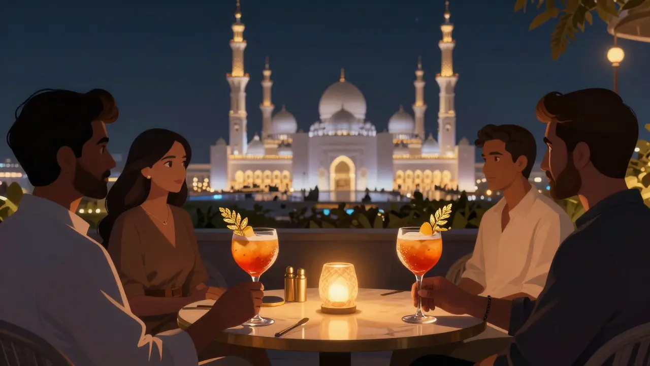 Cocktails served on a rooftop with Sheikh Zayed Grand Mosque glowing in the background.