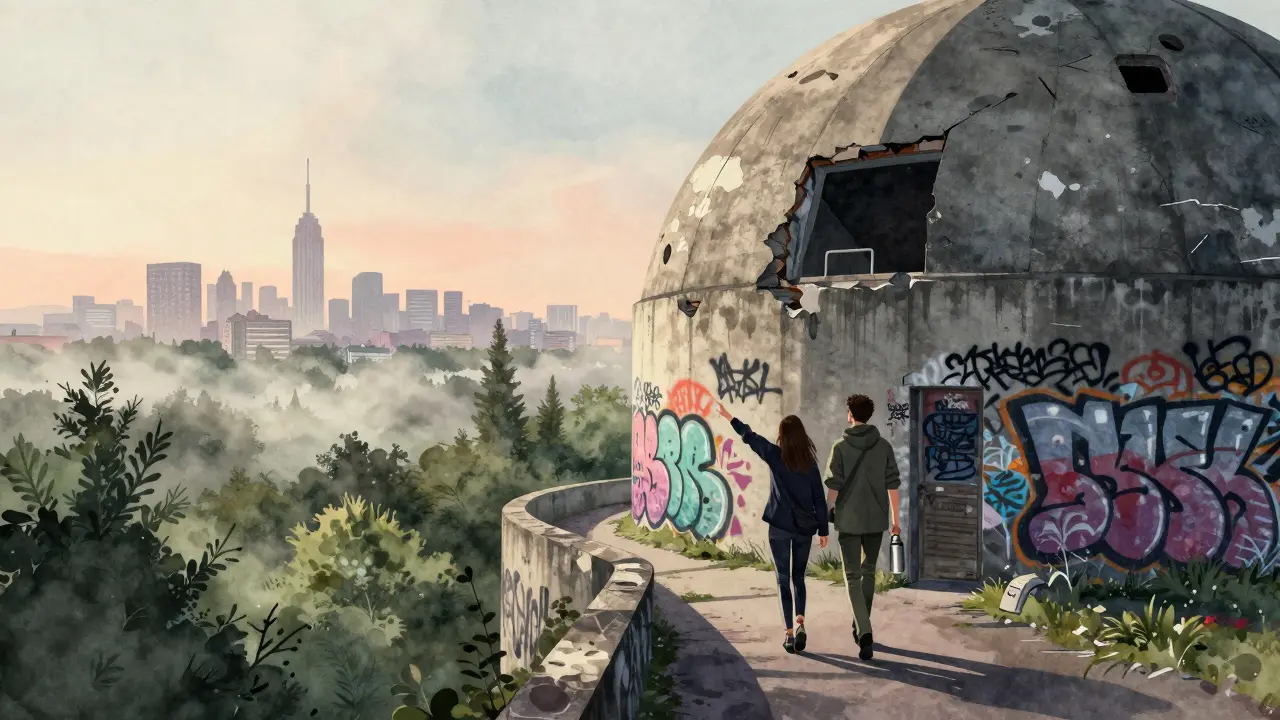 Couple walking up the graffiti-covered Teufelsberg hill at sunrise, city skyline in the distance.