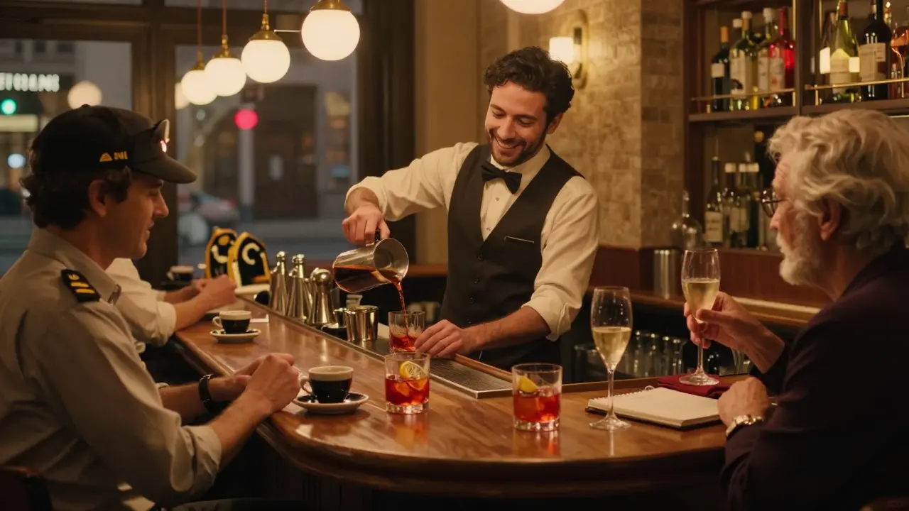 Cozy Italian bar at night with patrons sipping drinks, warm lighting, bartender pouring cocktails.